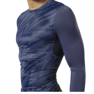 Camiseta Deportiva de Manga Larga para Hombre, Cuello Redondo, Tejido de Punto, Secado Rápido, Corte Ajustado, con Estampado Geométrico, Color Azul - Product Image 1