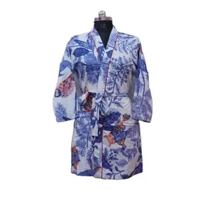 Kimono corto de algodón con estampado de búho azul, bata de baño, ropa de salón, bata de noche de algodón, vestido Maxi, abrigo, chaqueta, Kimono, bata Floral