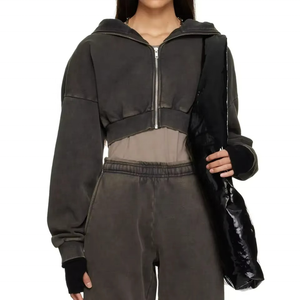 Sweat à capuche vintage en coton délavé pour femme, style streetwear, personnalisé, zippé, hiver, broderie 3D, imprimé, en molleton tricoté - Product Image 6