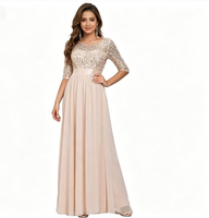 Nouvelles robes de soirée élégantes en satin à col rond pour femmes, à la mode et très vendues, avec dentelle et paillettes, pour l'été