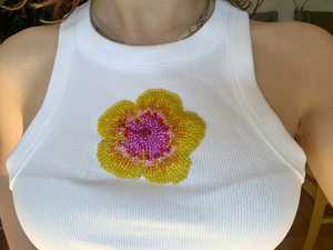 White Cotton Sleeveless <b>Top</b> With Embroidered Pink <b>Strawberry</b> Applique Handmade Design - Product Image 6
