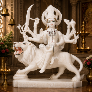 White Marble Durga Mata Murti with Lion | Intricate Crown, Sacred Weapons and Ornamental Carving by MALIYAS Jaipur - Product Image 3
