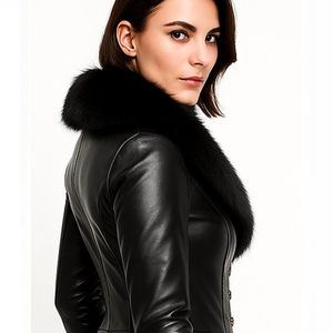 Women's Long Faux Leather Trench <b>Coat</b> With Fur Trim Elegant <b>Winter</b> Outerwear Black Full Sleeve <b>Thick</b> Warm Coating - Product Image 4