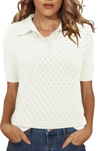 Camiseta Polo de Punto para Mujer con Patrón Geométrico, Manga Corta, Casual, Largo Regular, Diseño Zigzag Beige y Negro - Product Image 3
