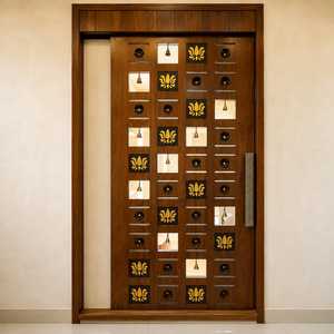 Puerta de Templo Moderna de Madera Personalizada, Hecha a Mano, Entrada de Mandir con Intrincados Grabados Florales, Rejilla Jali, Motivo Om, Loto, para Interiores - Product Image 1