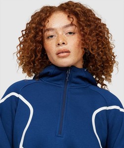 Blue Hooded <b>Quarter</b> <b>Zip</b> Crop Sweatshirt <b>White</b> Piping Regular Fit Unisex Autumn Wear Knitted 100% Cotton Fleece Lined Pocket - Product Image 4