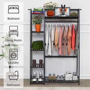 Bamboo Freestanding Closet Organizer Garment Rack <b>Shelves</b> for Hanging Clothes for Living Room & <b>Bedroom</b> Use - Product Image 3