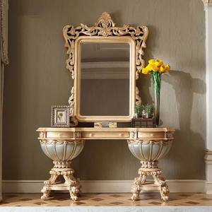 Antique Classic Solid Mahogany <b>Dressing</b> <b>Table</b> Mirror Set Unique Pedestal Design Gold Luxury Vanity <b>Table</b> for Villa Hotel - Product Image 1