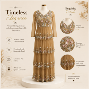 Luxury Beige Floral Embroidered Maxi Dress Women V Neck Long Sleeve Tiered Tulle Gown Beaded Wedding Party Formal Bridal Evening - Product Image 5