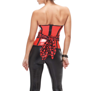 Red PU Leather Corset Dress with Skull Pattern Tie and Chain Detail <b>Mini</b> Bodycon Club Dress Strapless Sexy Adult Outfit - Product Image 6
