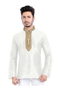 Kurta en coton blanc pour homme, manches longues, couleur unie, col montant, broderie élégante, tenue de mariage, style Inde Pakistan - Product Image 1