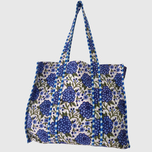 Sac fourre-tout en coton à motif floral bleu, style bohème, ouvert en haut, pour le shopping toutes saisons - Product Image 1
