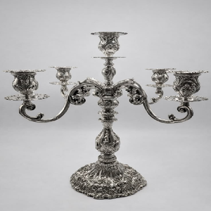 Vintage brass five arm <b>candelabra</b> showcasing an ornate grapevine design, available at wholesale prices. - Product Image 3
