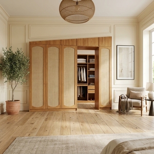 Sistema de Armario de Teca Sólida con Mimbre Tejido, Mueble de Almacenamiento de Madera para Colgar Sobre la Puerta, Armario Moderno Tropical con Rejillas, Unidad para Pasillo - Product Image 4