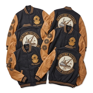 Chaqueta universitaria al por mayor, cuerpo de lana negra, mangas de cuero marrón óxido, Trench Survey Abyssal Realm Hadal Zone Anglerfish Letterman - Product Image 2
