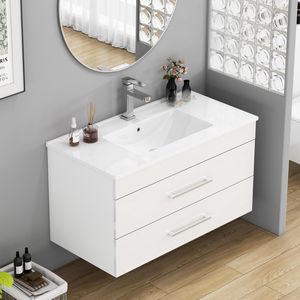 Mobile Bagno Sospeso Bianco Lucido da 36 Pollici con Doppio Cassetto, Sistema Soft-Close, Lavabo in Ceramica e Maniglia Lunga in Metallo - Facile Installazione - Product Image 4