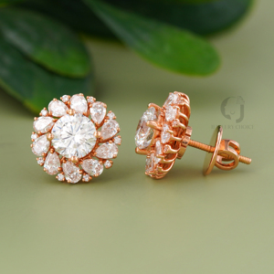 Élégantes boucles d'oreilles en diamant de 2,08 carats, motif floral, or rose 14 carats, halo rond en poire, VVS/EF, bijoux de déclaration cultivés en laboratoire, cadeau - Product Image 2