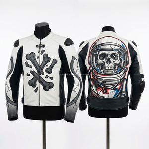 Blouson en cuir de course Flaming Helmet noir délavé à l'acide, motif squelette et flammes, pour homme, style motard, streetwear, fabrication sur mesure - Product Image 3