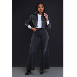 Women's PU Leather Moto Biker <b>Jacket</b> Stand Collar Button Closure Full <b>Sleeve</b> Solid Color <b>Short</b> Length Autumn Wear - Product Image 2