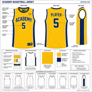 Academy Basketball Jersey Yellow Navy Sublimated Moisture Wicking Tank <b>Top</b> Adult Unisex All Seasons - Product Image 5