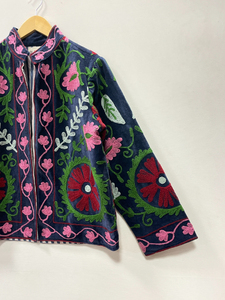 Bohemian Floral Embroidered Woven 100% Cotton Velvet Bomber Jacket Windproof Breathable Suzani Stand Collar Medium Length - Product Image 4
