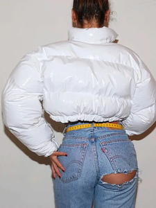 <b>White</b> PU <b>Puffer</b> <b>Jacket</b> Women's Winter Warm Short Coat Casual Stand Collar Zipper Front Thick Polyester Wadding Coated Style - Product Image 2