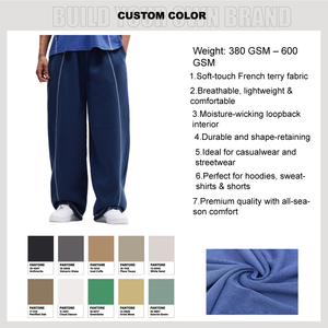 Joggers décontractés pour hommes en coton tricoté mi-lourd, bleu marine, à jambe large, taille haute élastique, en molleton, délavé à l'acide, avec cordon de serrage et bande latérale - Product Image 5