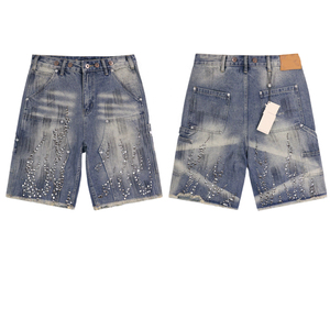 Men's High Waist Cargo Bermuda <b>Shorts</b> <b>Sequined</b> Rhinestone Decorated Street Style Button Fly 100% Cotton Canvas Fabric - Product Image 4