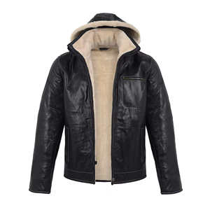 Chaqueta de Cuero Negra para Hombre con Cuello de Piel Crema, Abrigo de Invierno de Piel de Oveja Genuina, Forro Polar Cálido, Estilo Biker - Product Image 1