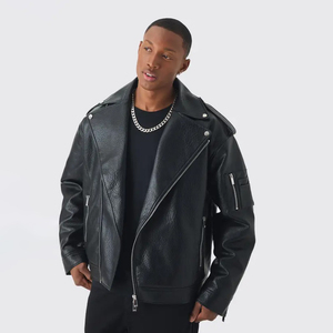 Men's Pebbled Grain Faux Genuine Leather Oversized <b>Biker</b> Moto <b>Jacket</b> Asymmetric Diagonal Zip Wide Lapel Snap Button Multi Pocket - Product Image 1