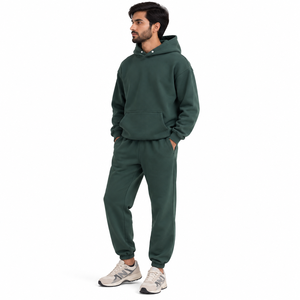 Ensemble de survêtement vert forêt pour homme, sweat à capuche uni et pantalon de jogging, 2 pièces, vêtements de sport décontractés, vente en gros - Product Image 2