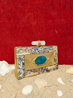 Pochette de soirée de luxe indienne artisanale en laiton, ornée de pierres d'agate et de nacre, idéale pour les mariages et les fêtes estivales