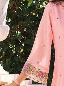 Women's Woven Stretchable Straight <b>Linen</b> Floral Embroidered Elegant Kurta Pant with Dupatta Set - Product Image 2