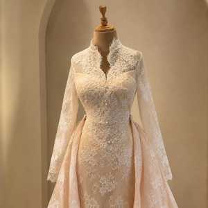 Chantilly Lace <b>Wedding</b> <b>Dress</b> Long <b>Sleeve</b> High Neck Bridal Gown <b>Detachable</b> Overskirt Couture Evening Formalwear - Product Image 2