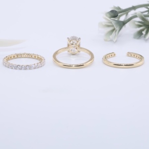 Yellow Gold Oval Cut Lab Grown Diamond Engagement <b>Ring</b> Set Three Piece <b>Stacking</b> Bands Eternity <b>Ring</b> Open Gap Wedding Band - Product Image 5