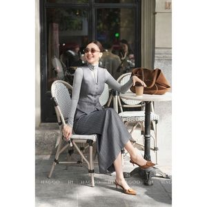 Chaleco sin mangas de mezcla de lana a rayas gris para mujer con cierre de botones, estilo oficina, cuello alto, conjunto a juego A9054 - Product Image 2
