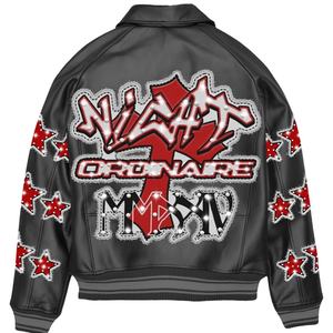 แจ็คเก็ตหนังแท้สำหรับผู้ชายสไตล์เลตเตอร์แมนกันน้ำปักลายกำมะหยี่ - Product Image 4