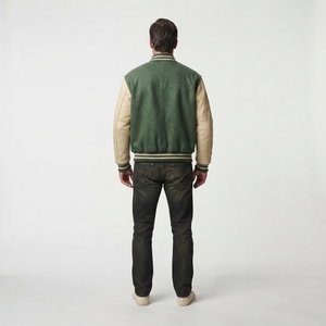 OEM Custom <b>Men's</b> Varsity <b>Jacket</b> Green and <b>Cream</b> Letterman <b>Jacket</b> with Chenille Patch Classic Retro College Baseball Coat Wholesa - Product Image 2