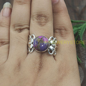 Natural Purple Copper Turquoise <b>Ring</b> 925 Sterling Silver Handmade Floral <b>Statement</b> Adjustable <b>Ring</b> Gift Jewelry for Unisex Her - Product Image 5