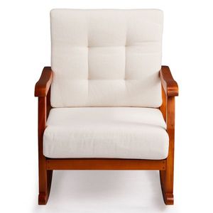 Sedia a dondolo da esterno in legno massello di abete con cuscini rimovibili e lavabili, sdraio da patio con schienale inclinato in legno massello di abete - Product Image 1