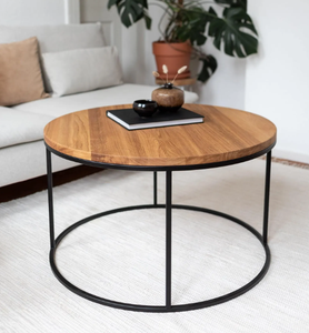 Mesa de Centro Redonda de Estilo Industrial Moderno con Acabado Rústico Envejecido y Marco de Hierro Ajustable, Muebles para Sala de Estar - Product Image 2