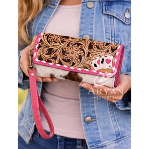 New Luxury Designer 2026 Hand <b>Tooled</b> <b>Leather</b> Wristlet Wallet Purse Hair On Cowhide <b>Leather</b> Card Holder Clutch for Women's - Product Image 1