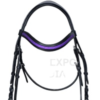Bridon en cuir noir avec frontale et muserolle rembourrées à paillettes violettes