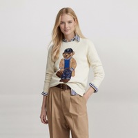 Pull en tricot pour femme, col rond, couleur crème, avec broderie d'ours, manches longues, style preppy, automne, 100% coton