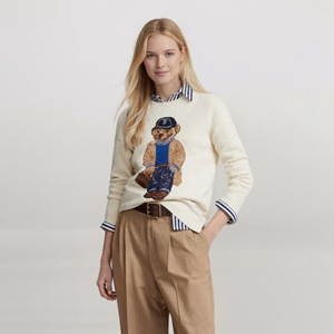 Maglione da Donna Crema con Ricamo Orso, Maniche Lunghe, Stile Preppy, Pullover Autunnale 100% Cotone Lavorato a Maglia - Product Image 4