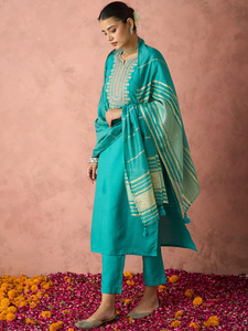 Turquoise Embroidered Quick Dry All Season <b>Kurta</b> Set Trousers Dupatta <b>Women</b> Traditional Casual Wear Knee-Length Cotton Regular - Product Image 4