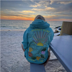 Sweat à capuche brodé Sunset Surf On The Sea, sweat à capuche décontracté en coton pour femme - Product Image 3