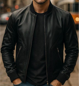 Veste en cuir véritable de haute qualité, confortable, nouveau design, avec col montant et logo sur le devant, respirante, pour homme, hiver - Product Image 4