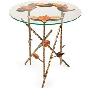 Table sur pied en fer forgé style vintage avec branches et feuilles, plateau en verre, écologique, pour salon - Product Image 1