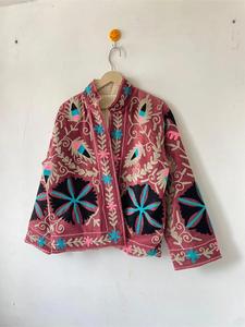 Premium Pink <b>Velvet</b> Suzani Embroidered <b>Jacket</b> with Floral Pattern Stand Collar Full Sleeves Boho Chic <b>Women's</b> Winter Coat - Product Image 4